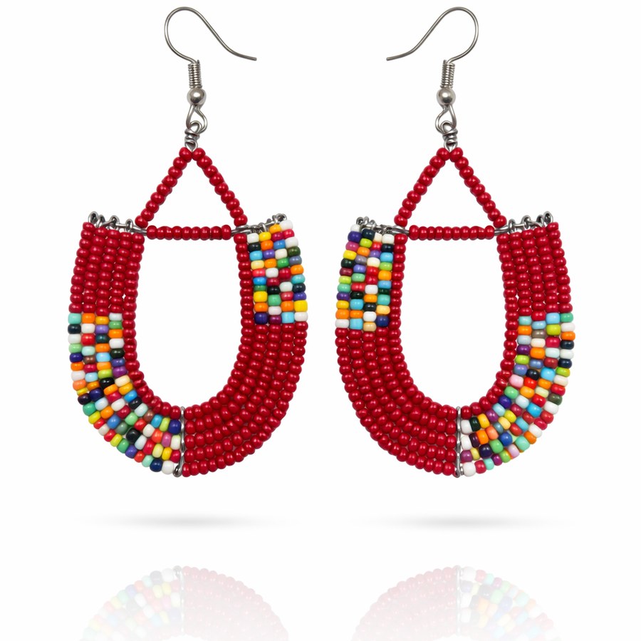Mbegu - boucles d'oreille ovale en perles rouges